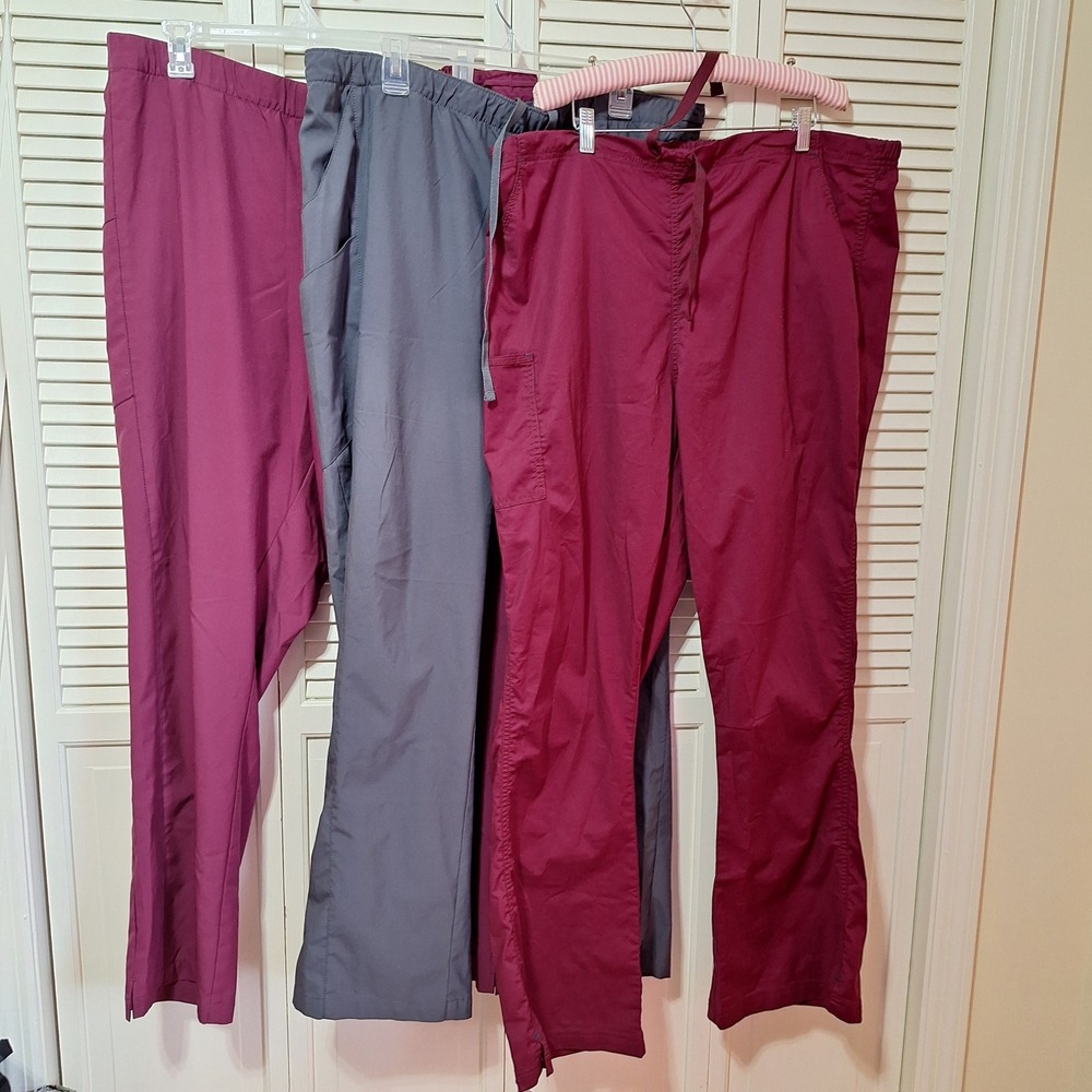 WonderWink Womens Scrub Pants Lot of 3 Burgundy Wine Charcoal Gray 3XLTall
